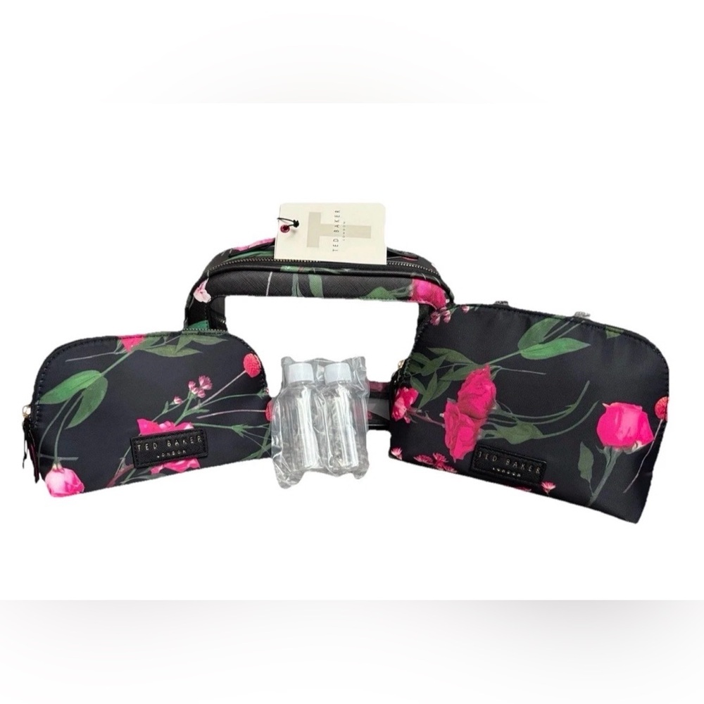 5 PC TED BAKER 3 COSMETICS BAGS MAKE-UP CASES 2 TRAVEL BOTTLES BLACK FLORAL NEW